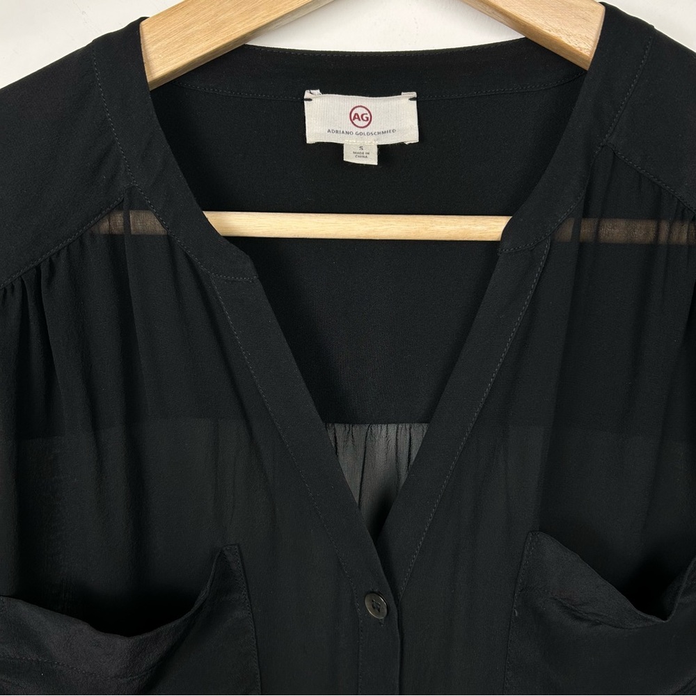 AG Adriano Goldschmied 100% Silk Split Neckline Sheer Blouse, Black, Size Small - Picture 2 of 13